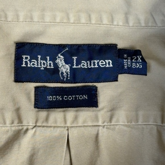 Vintage Polo‎ Ralph Lauren Shirt Men's 2XL Big Beige Button Up Camp Cotton 90s - Picture 5 of 12